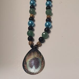 Beaded Necklace With Metal Peacock Pendant